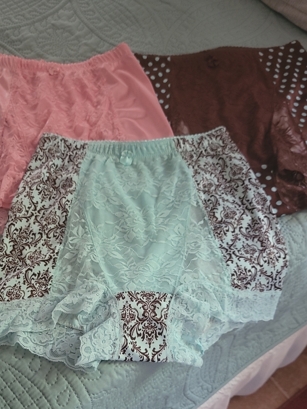 Rhonda Shear Mint Lace Brief with Pink Logo Tag